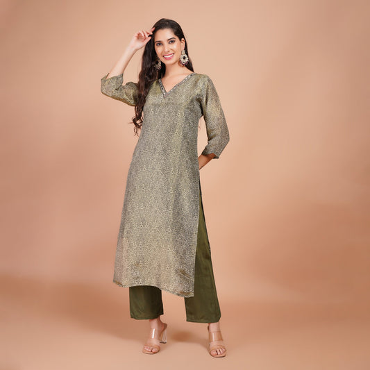 Olive Green Printed Kurta Set with Dupatta