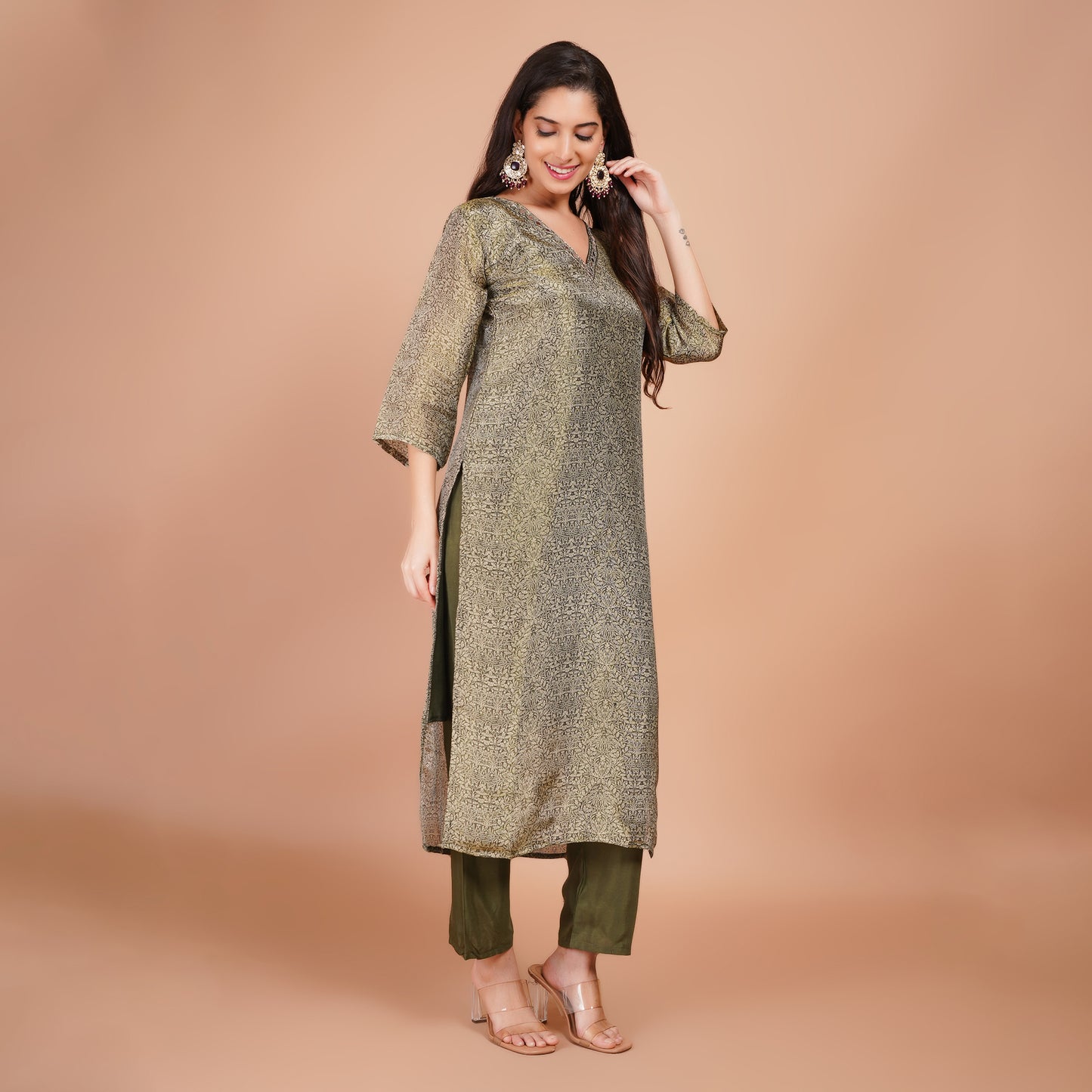 Olive Green Printed Kurta Set with Dupatta