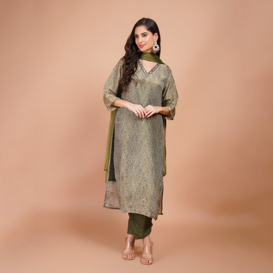 Olive Green Printed Kurta Set with Dupatta