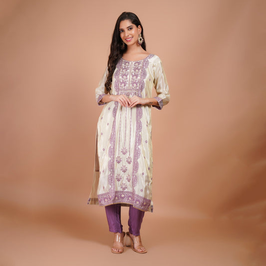 White & Purple Embroidered Kurta Set with Dupatta