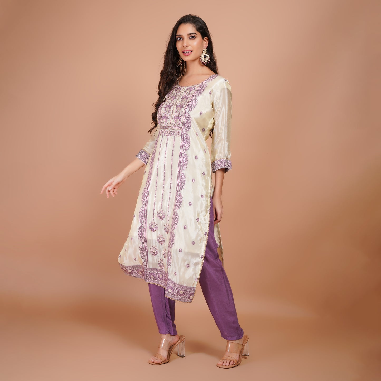 White & Purple Embroidered Kurta Set with Dupatta