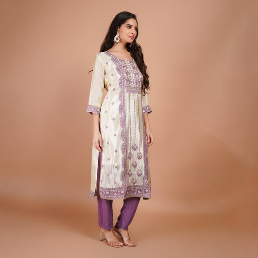 White & Purple Embroidered Kurta Set with Dupatta