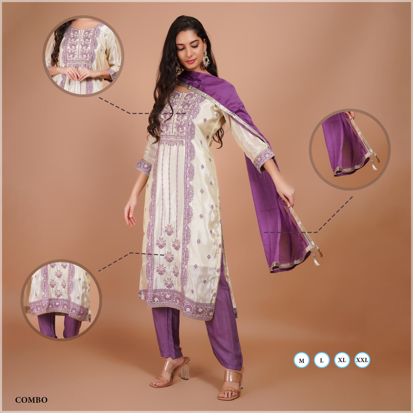 White & Purple Embroidered Kurta Set with Dupatta