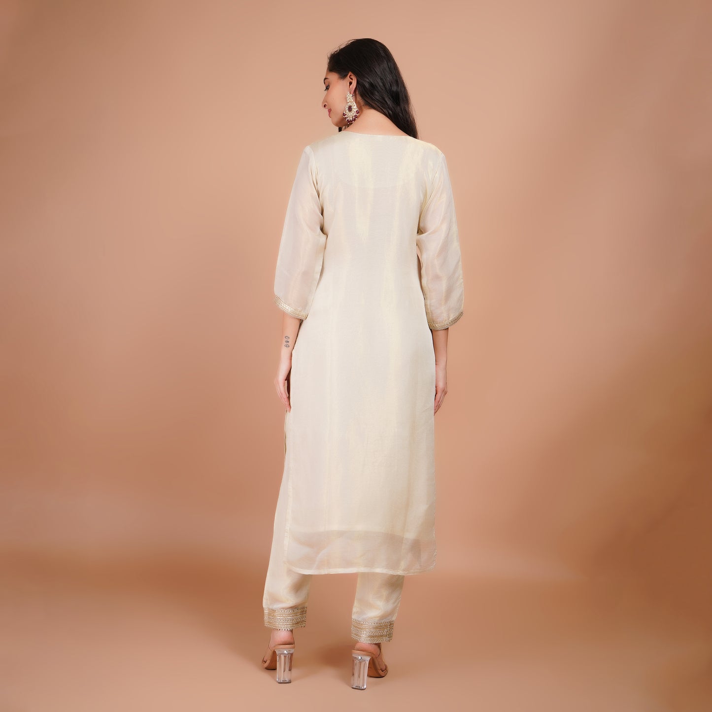 Cream Silk Suit with Zari Embroidery & Lace