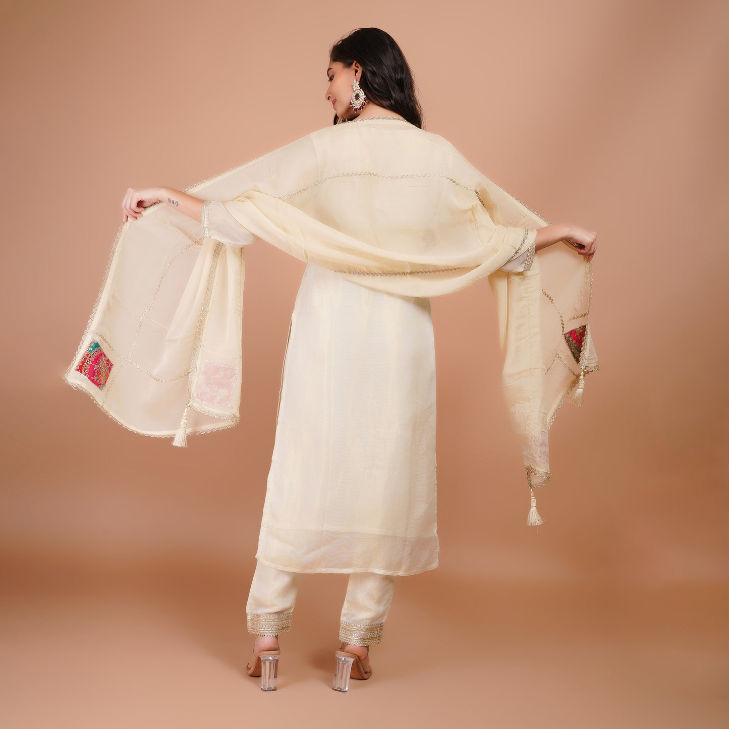 Cream Silk Suit with Zari Embroidery & Lace