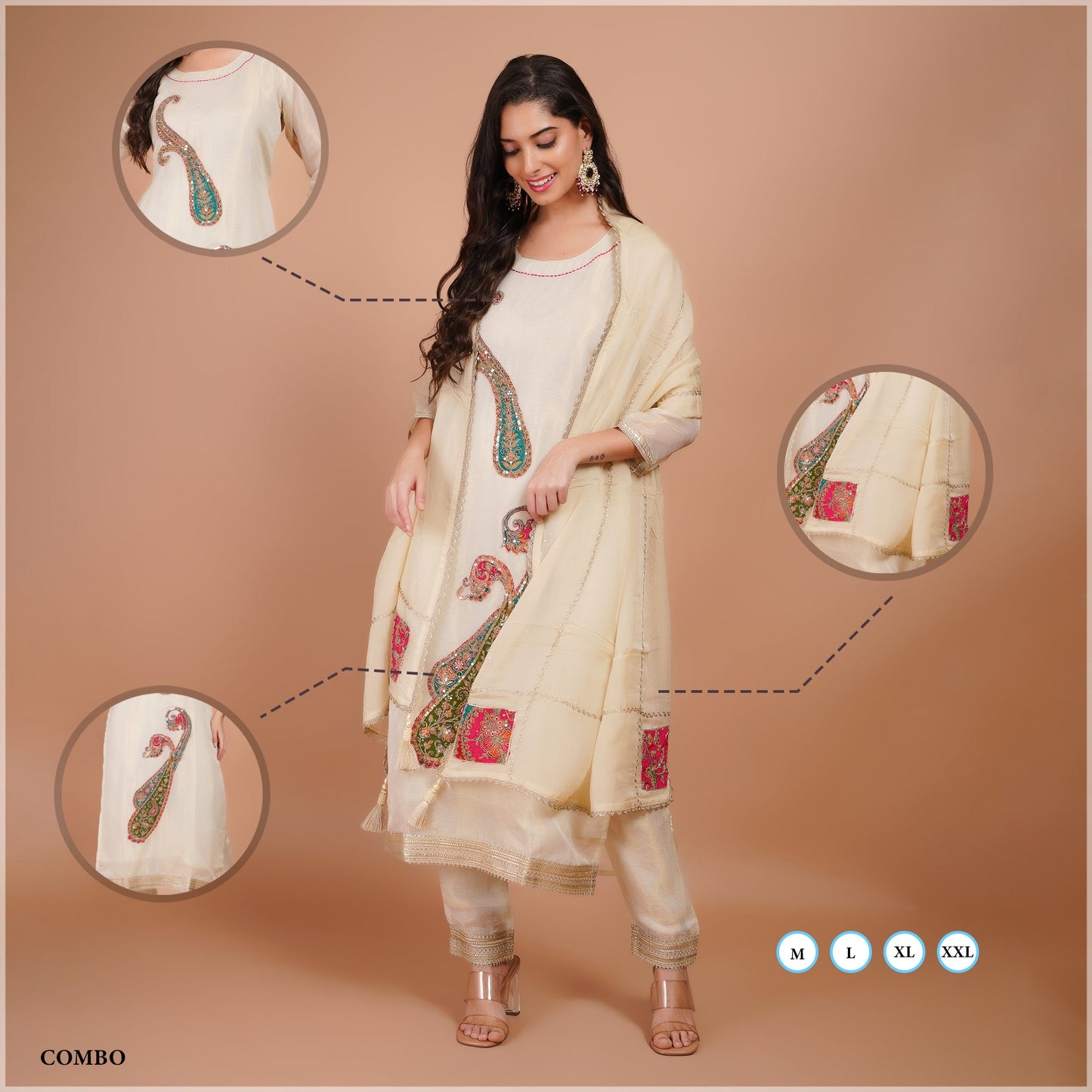 Cream Silk Suit with Zari Embroidery & Lace