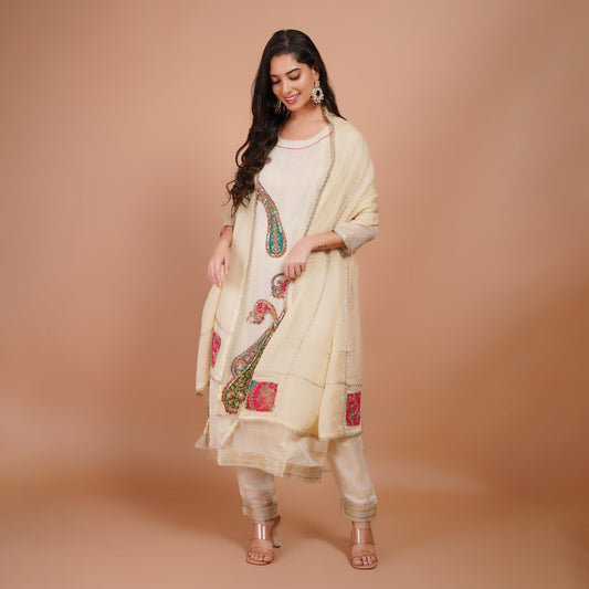 Cream Silk Suit with Zari Embroidery & Lace