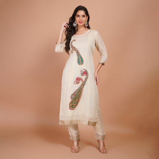 Cream Silk Suit with Zari Embroidery & Lace