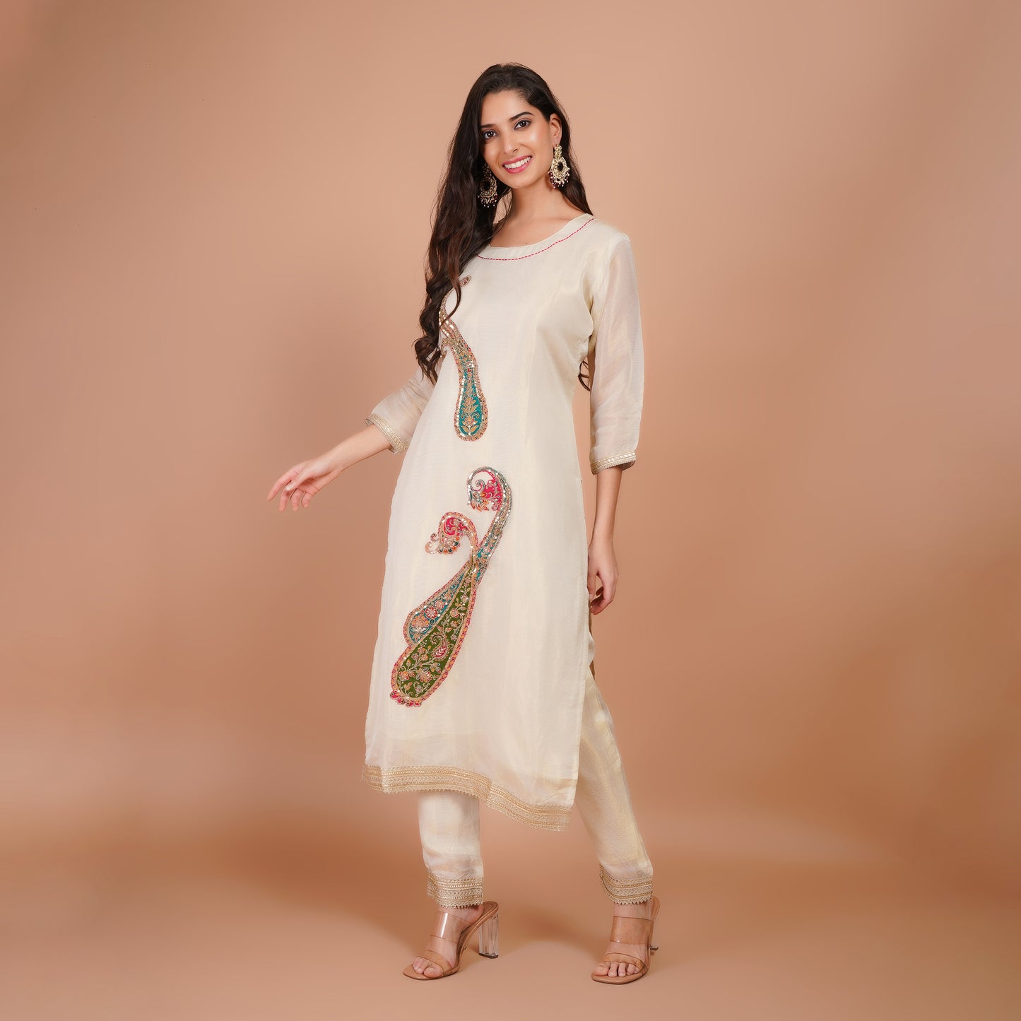 Cream Silk Suit with Zari Embroidery & Lace