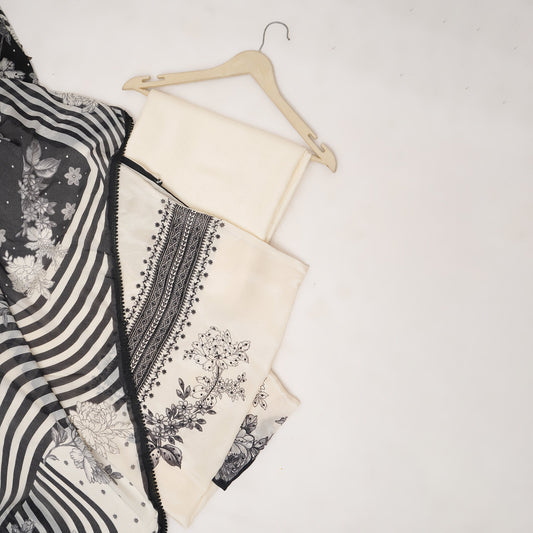 Black & Cream Cutdana Work Unstitched Suit Set
