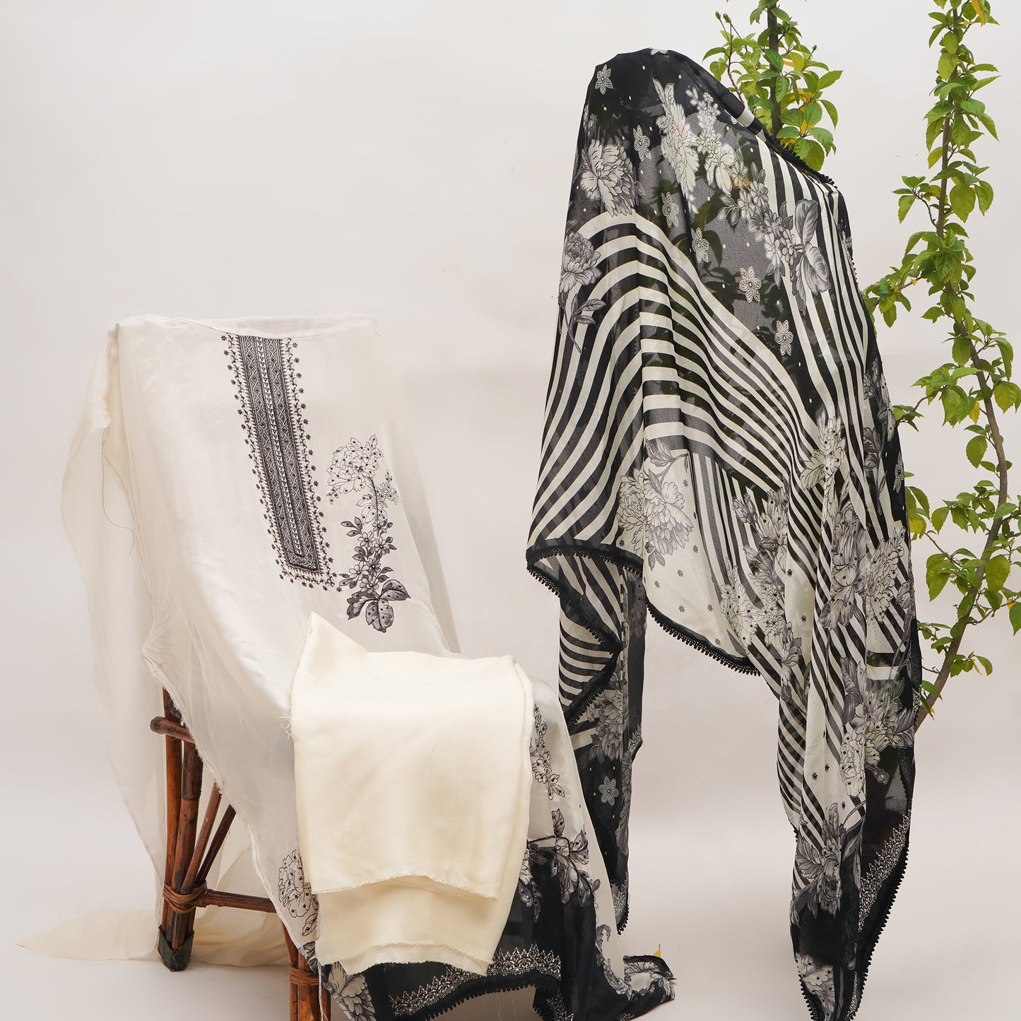 Black & Cream Cutdana Work Unstitched Suit Set