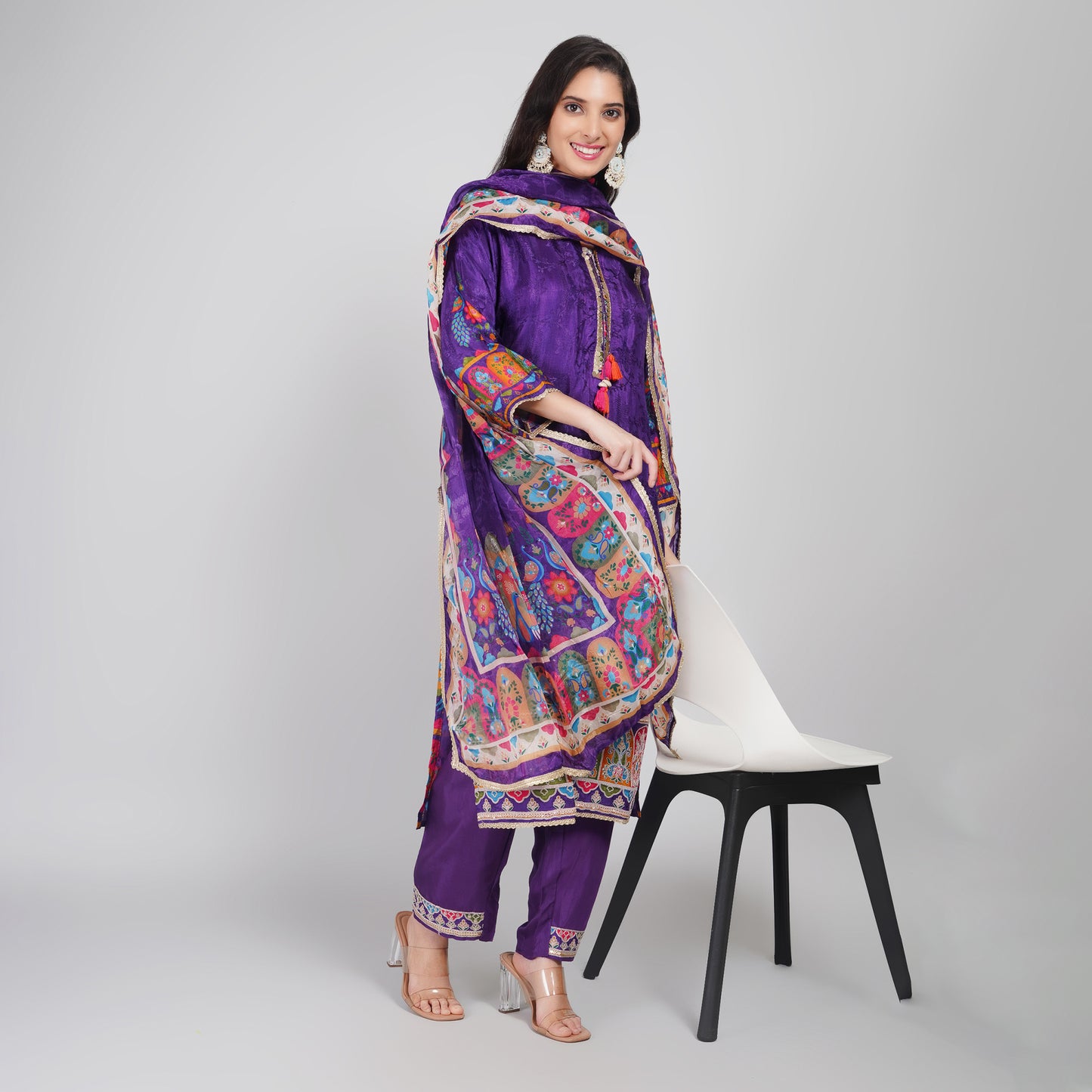 Purple Silk Embroidered Suit Set with Dupatta