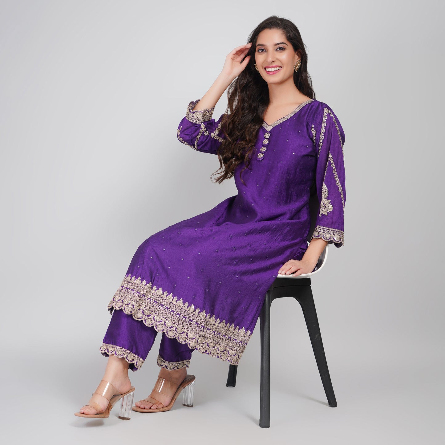 Purple Embroidery Suit with Heavy Dupatta & Pant