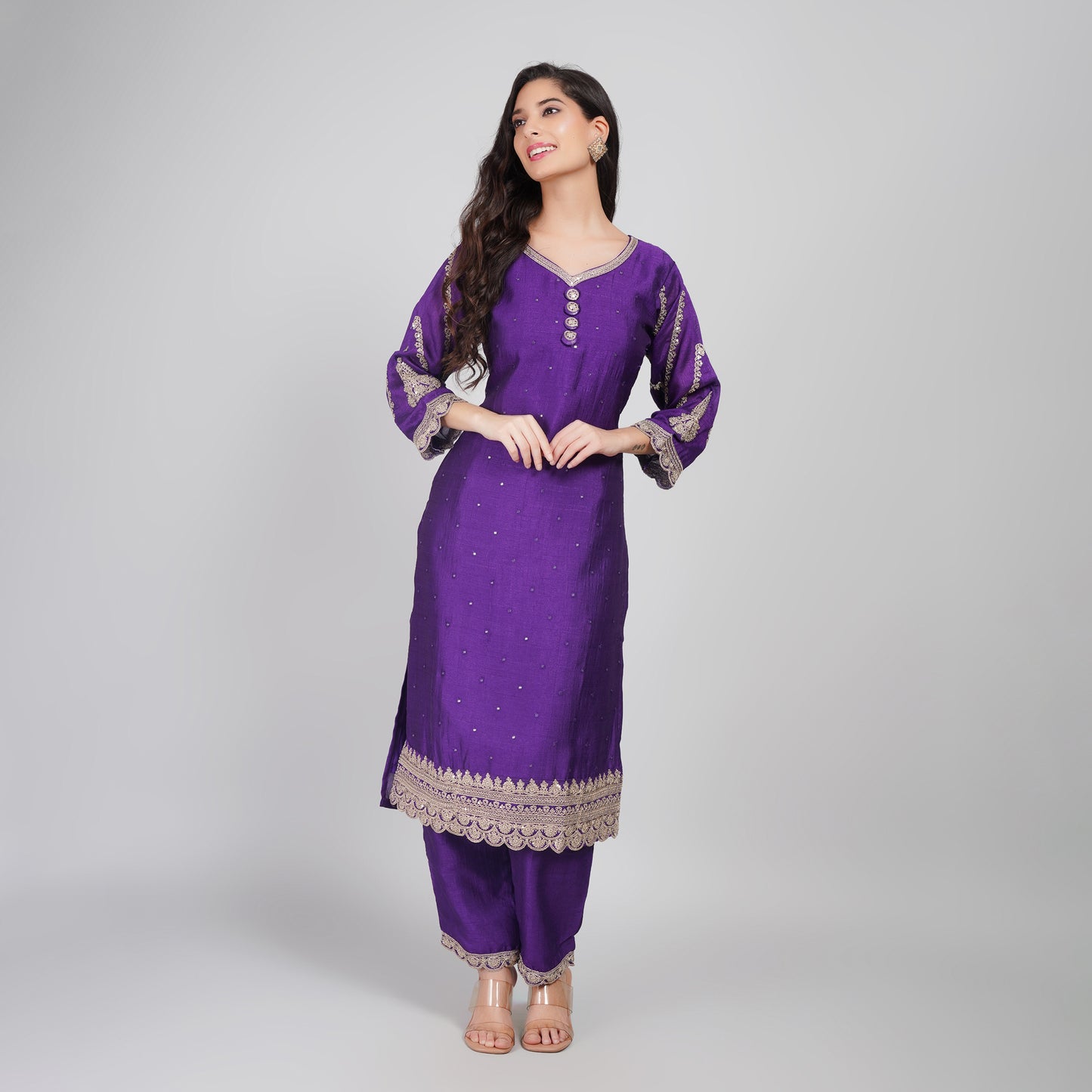 Purple Embroidery Suit with Heavy Dupatta & Pant