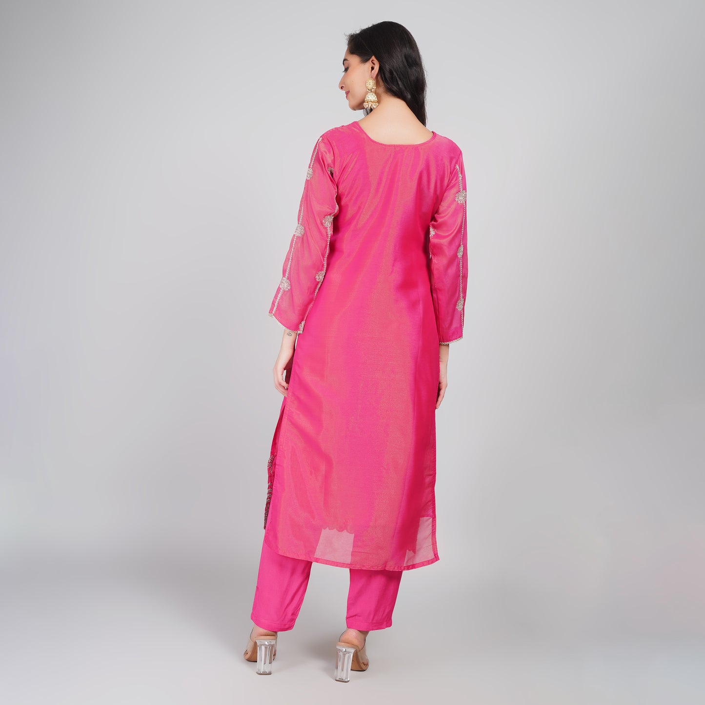 Hot Pink Silk Suit with Embroidery, Dupatta & Pant