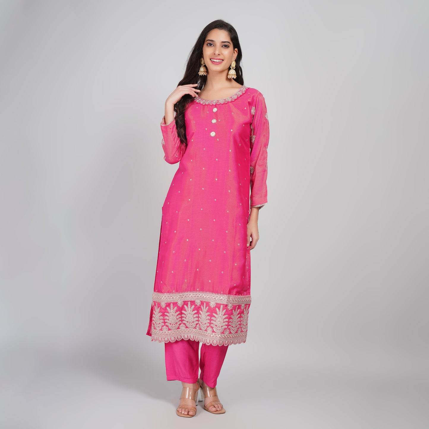 Hot Pink Silk Suit with Embroidery, Dupatta & Pant