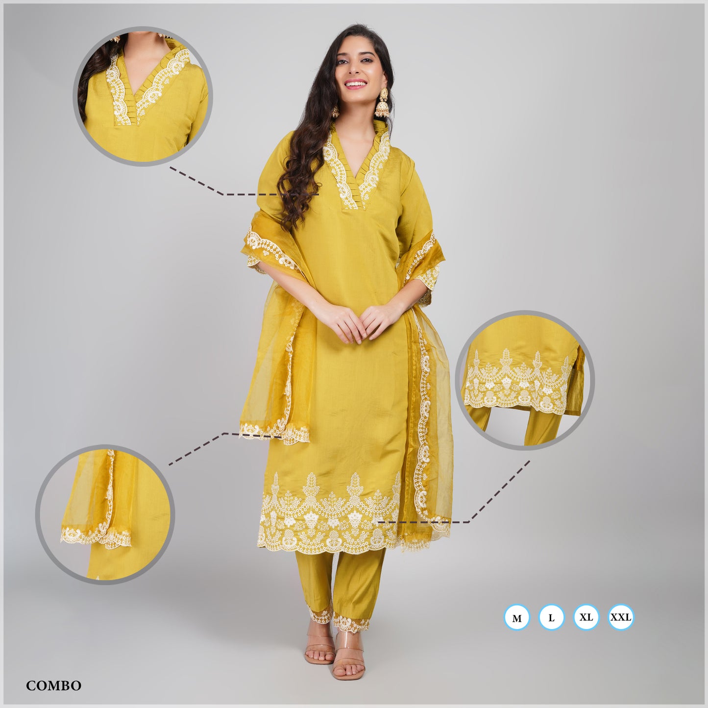 Mustard Silk Suit with Embroidered Neck & Dupatta