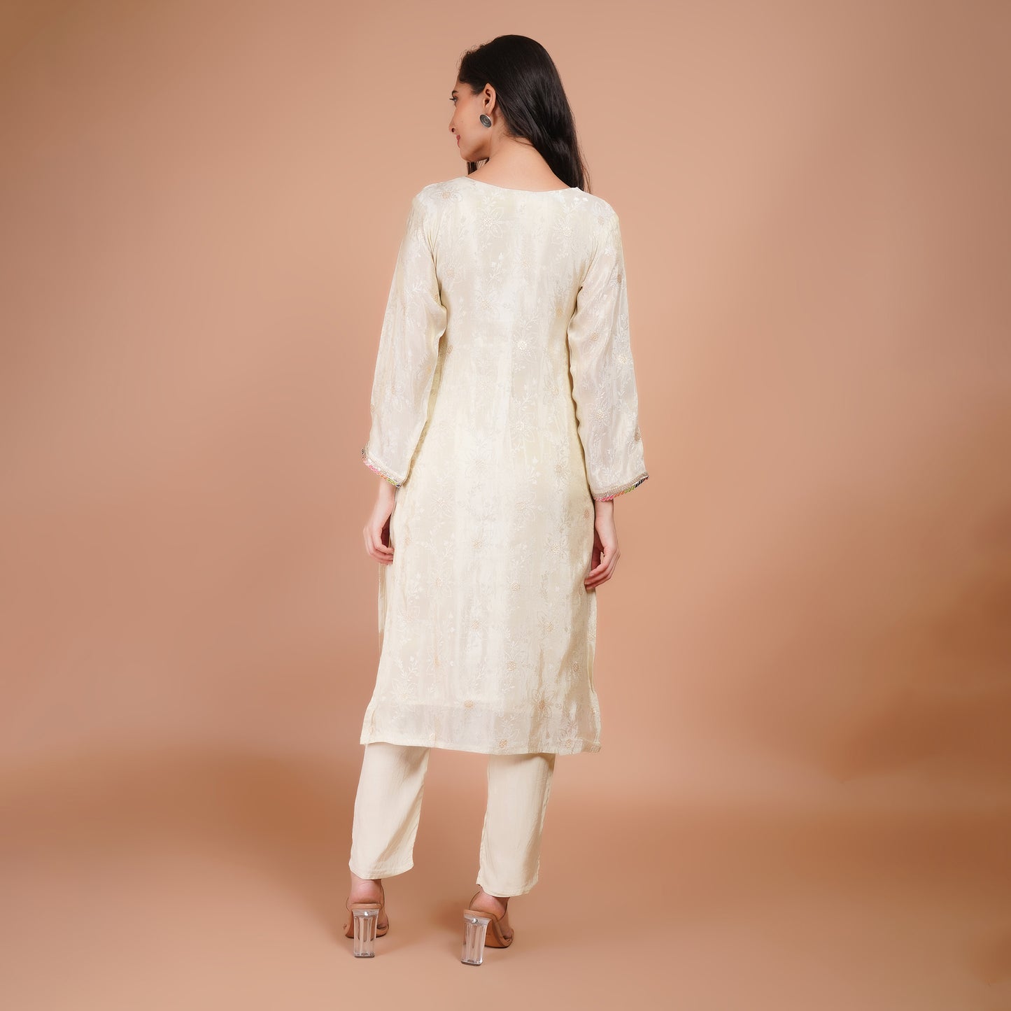 Cream Embroidered Silk Suit Set