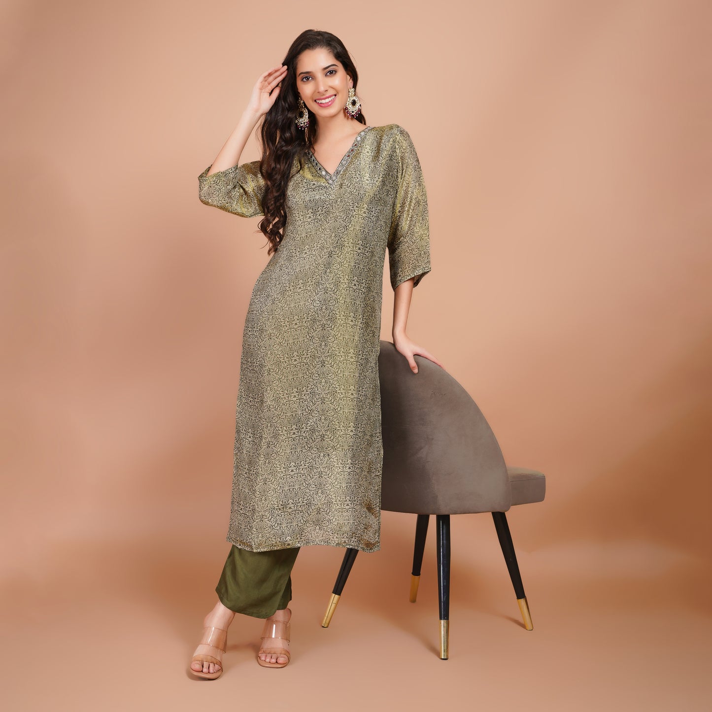Olive Green Printed Kurta Set with Dupatta