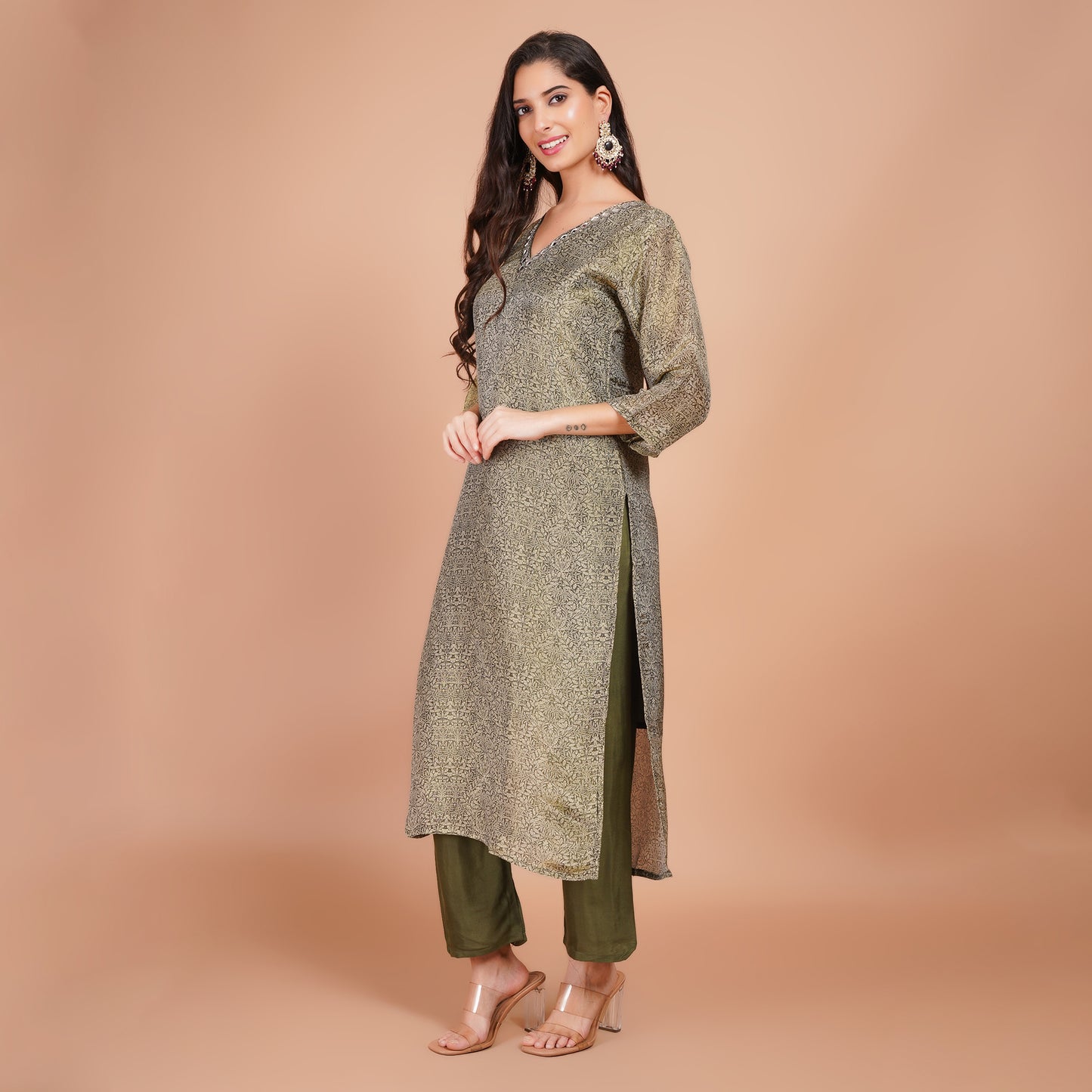Olive Green Printed Kurta Set with Dupatta